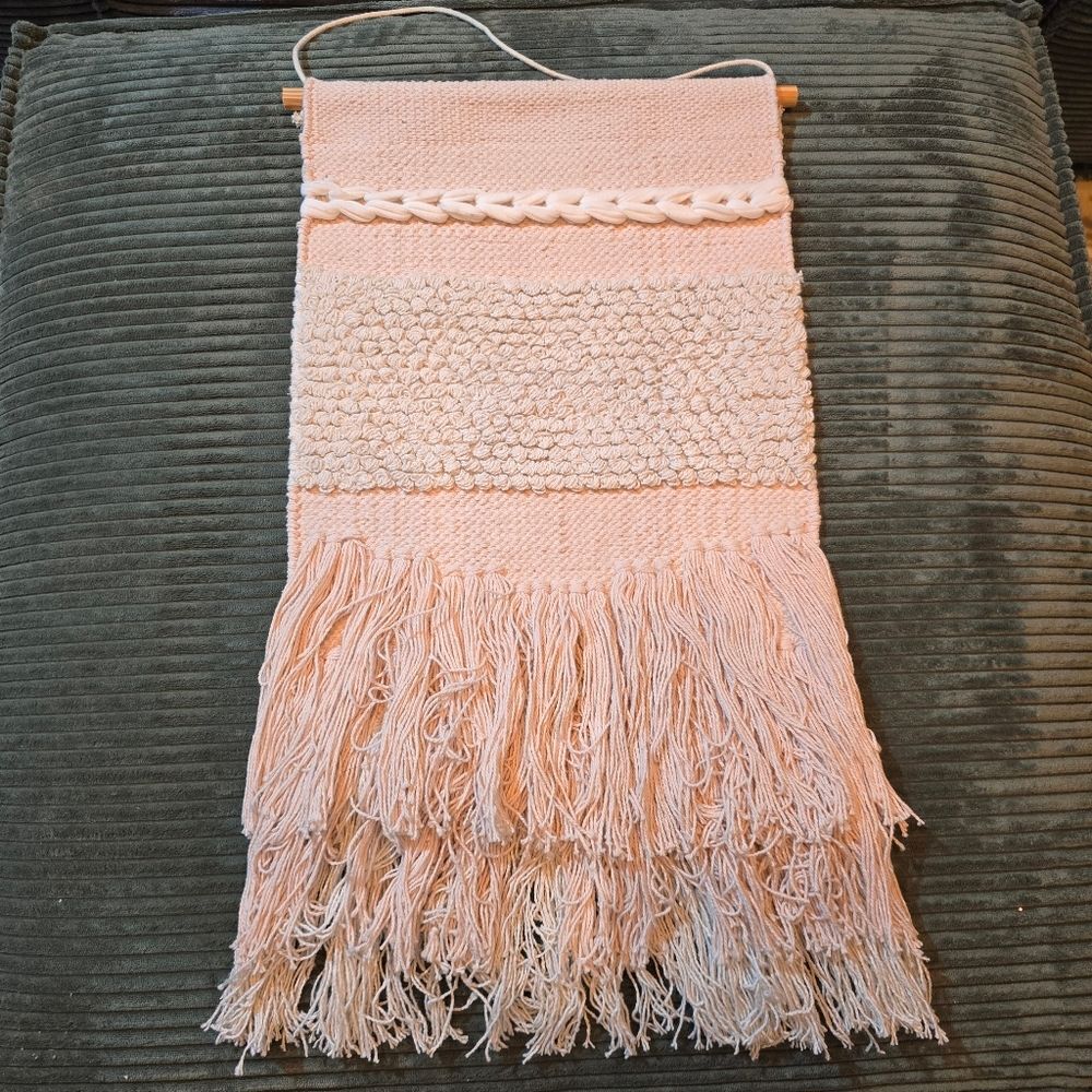 Vintage Handcrafted Macrame Tapestry Pink Wall Hanging Boho Decor Cottagecore